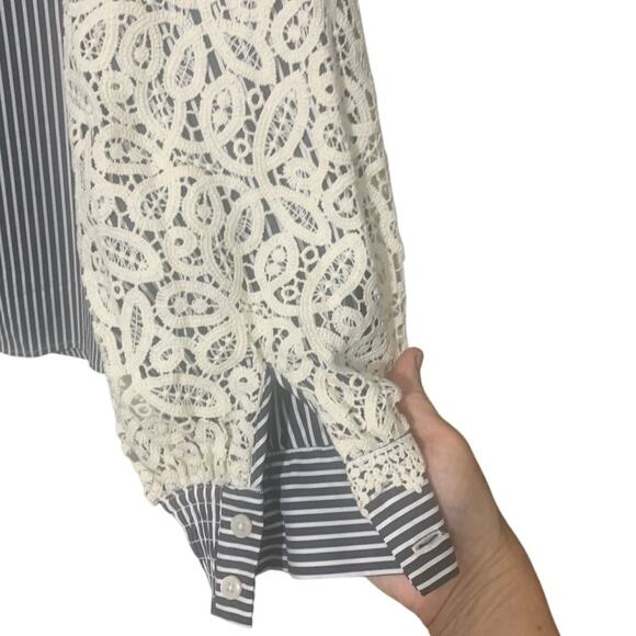 Chico's Poplin Stripe Crochet Puff Sleeve Button Front Shirt Top Blouse sz 10 US - Picture 7 of 10